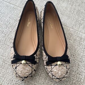 Dior Beige Tweed Ballet Flats with Black Trim and Pearl